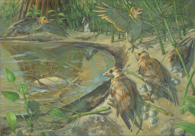 Artist’s interpretation of Avimaia schweitzerae, including the dead mother in the water.
